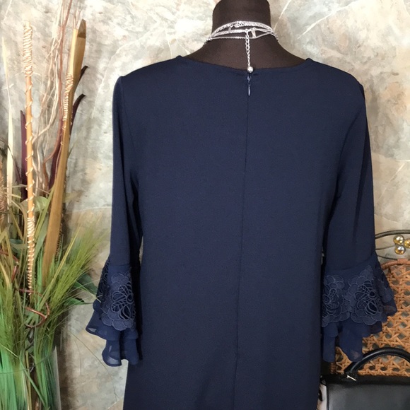 Nina Leonard 🌹 stunning deep rich navy blue dress flowered lace bell sleeve - Picture 6 of 14